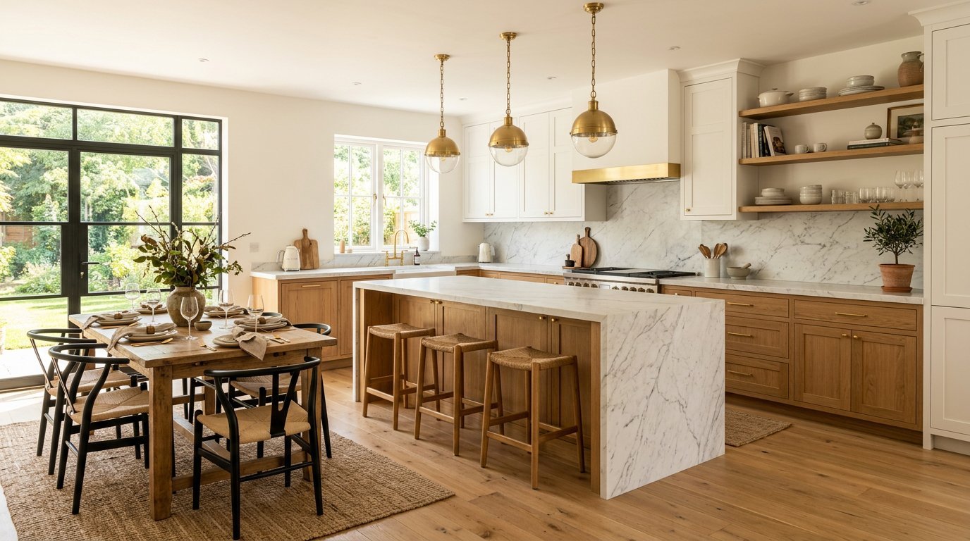 Bright renovated kitchen and dining space by Living House Luxe