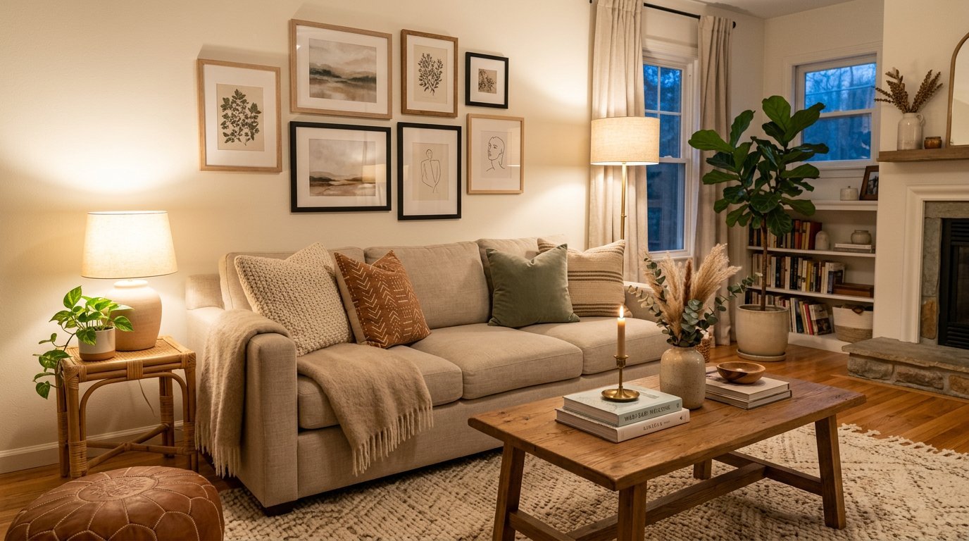 Cozy living room decor with neutral sofa and layered art