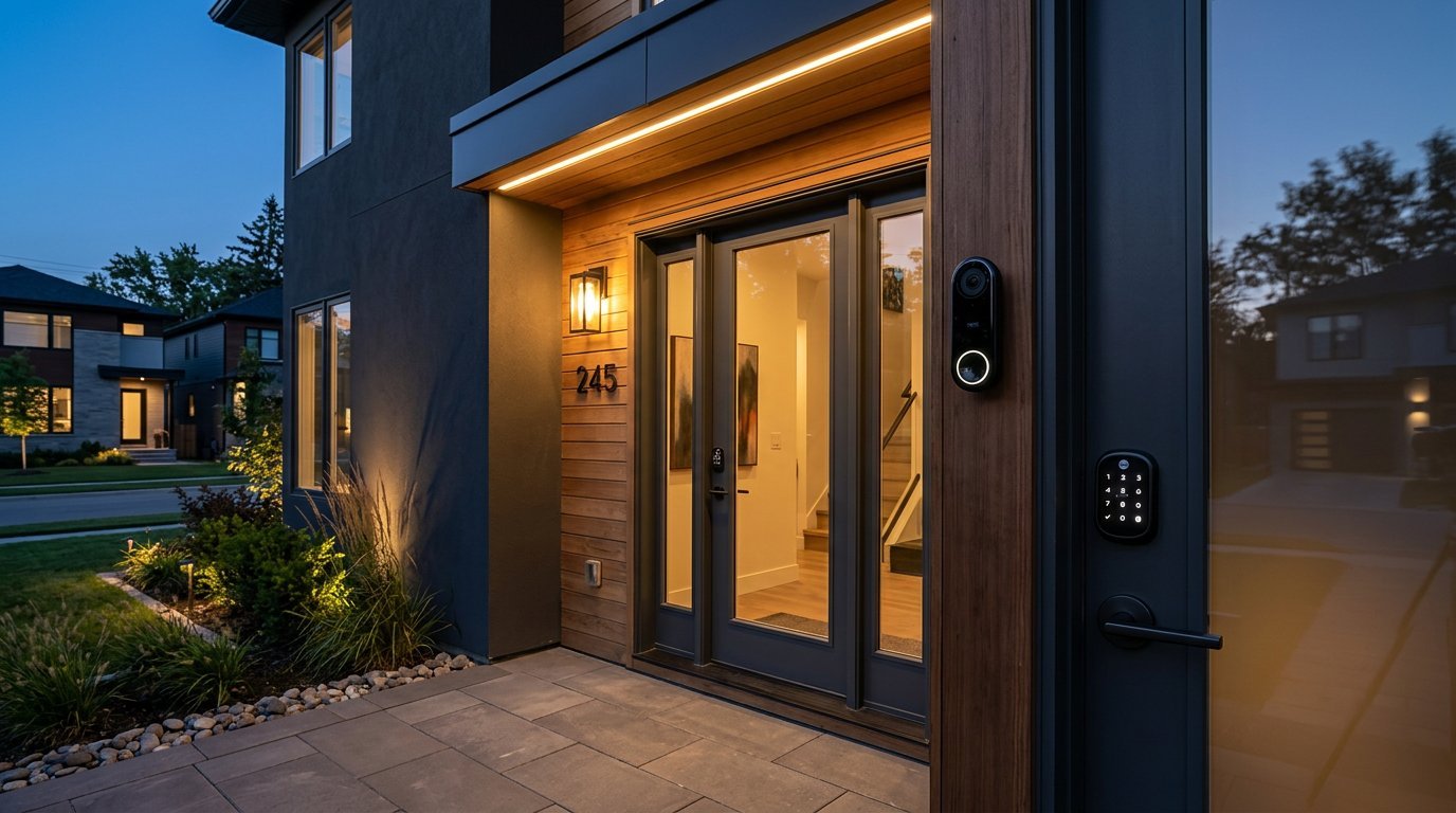 Smart video doorbell on a modern front door