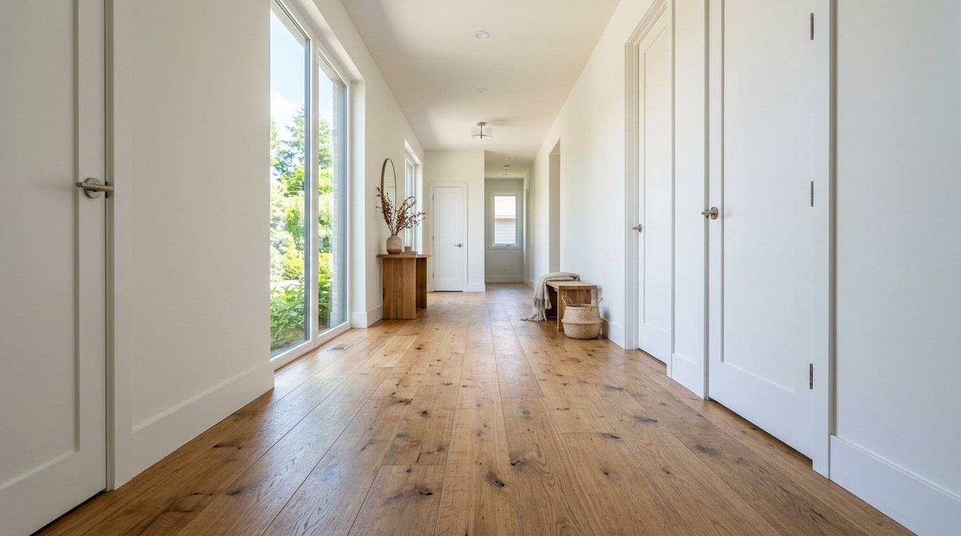 New oak hardwood flooring in a bright hallway