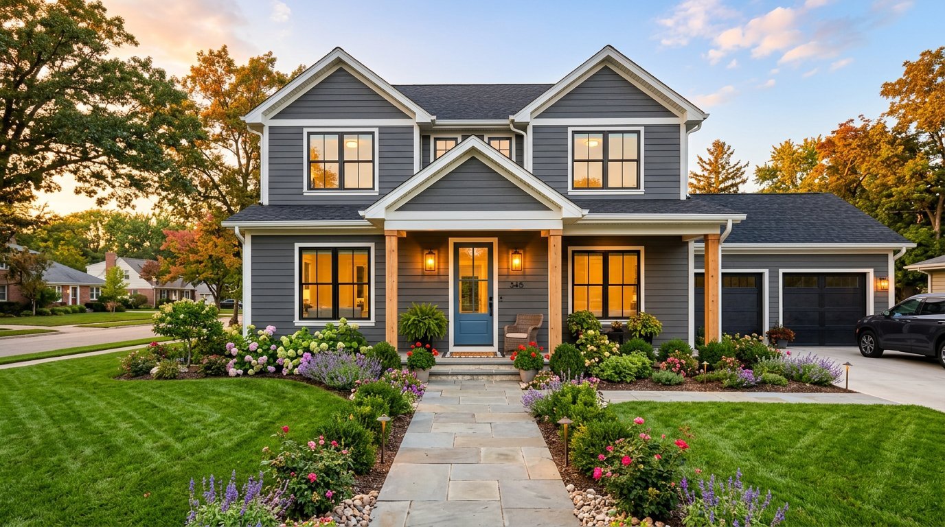 Renovated home exterior with landscaped garden